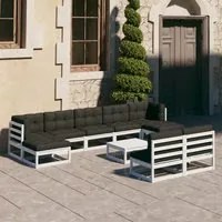 Set Divani da Giardino 10 pz Cuscini Bianchi Massello di Pino 3077140