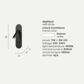 Applique LED 10 cm in metallo Bianco retroilluminato con faretto orientabile PLATE