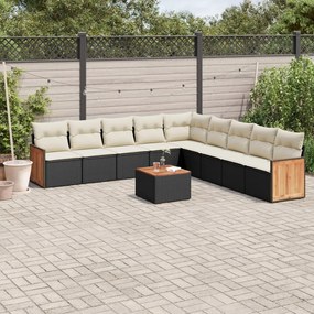 Set divani da giardino 10pz con cuscini in polyrattan nero