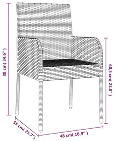 Set da Pranzo da Giardino 3 pz con Cuscini in Polyrattan Grigio