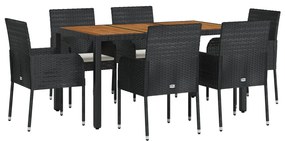 Set da pranzo da giardino 7 pz nero con cuscini in polyrattan