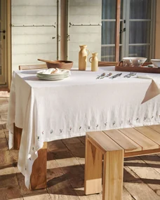 Tovaglia rotonda Malu in cotone e lino bianco con particolare ricamato  beige Ø 150 cm