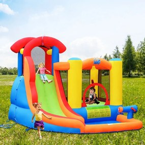 Costway Parco acquatico gonfiabile con scivolo e compressore, Piscina gonfiabile con scivolo e muro per arrampicarsi