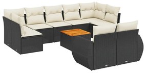 Set divani da giardino 10pz con cuscini in polyrattan nero