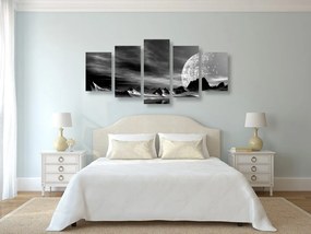 Quadri 5 pezzi – Pianeta futuristico in bianco e nero