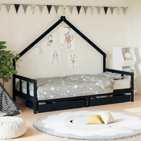 Giroletto Bambini Con Cassetti Nero 90x200cm Massello Di Pino /