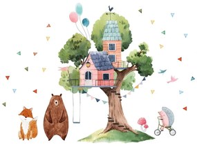 Adesivo murale per bambini Albero gigante e capanna della felicità, 90 x 120 cm - Ambiance