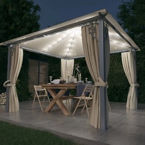 Gazebo Con Tende Stringa Di Luci Led 300x300 Cm Crema Alluminio /