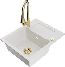 Mexen Enzo lavello in granito a 1 vasca con sgocciolatoio e miscelatore cucina Elia, bianco - 6506-20-670101-50