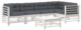 Set divani da giardino 6pz con cuscini in legno massello bianco