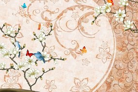 Carta da parati – Natura morta vintage con uccelli e farfalle