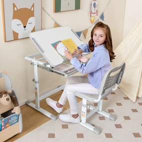 Costway Set scrivania e sedia per bambini con altezza regolabile e cassetto, Set tavolo con superficie inclinabile Grigio