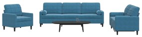 Set Di Divani 3 Pz Con Cuscini E Rinforzi Blu İn Velluto /