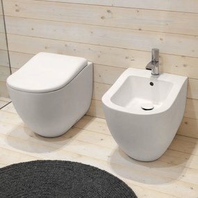 Coppia Di Sanitari Ceramica Cielo Da Terra Filo Muro Bianco Lucido "Fluid"