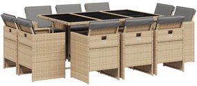 Set pranzo da giardino 11 pz con cuscini beige misto polyrattan