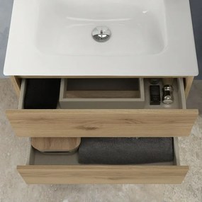 Mobile bagno sospeso 60cm in legno quercia naturale 2 cassettoni con lavabo e specchio Leda