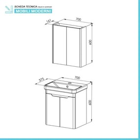 Mobile bagno sospeso 70 cm bianco lucido con armadietto a specchio Clip