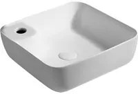 Lavabo d'appoggio quadrato con angoli stondati e foro rubinetto in ceramica bianca cm 43x43