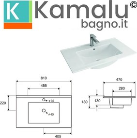 Mobile bagno sospeso 80cm con lavabo integrato e 2 cassetti TOD-80L - KAMALU