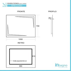 Specchio bagno 105x70 cm reversibile con LED naturale agli angoli