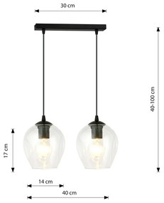 Lampadario 2 Luci Fuxi In Acciaio Nero E Vetro Trasparente