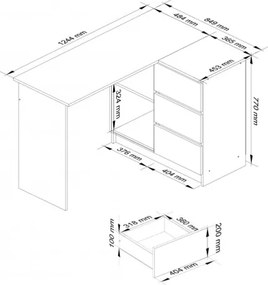 Scrivania Angolare 124 Cm Destra 3 Cassetti Quercia Effetto Legno Artika
