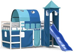 Letto a soppalco con torre bambini blu 80x200cm massello pino