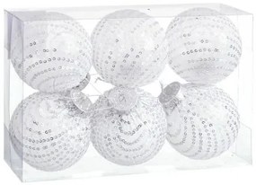 Palle di Natale Bianco Argentato Plastica Tessuto Paillettes 8 x 8 x 8 cm (6 Unità)