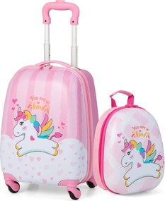 Costway Set di 2 valigette per bambini da viaggio con ruote girevole 360°, Trolley bimbo e zaino Binaco e rosa