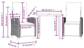 Set da Pranzo da Giardino 3 pz con Cuscini in Polyrattan Grigio