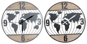 Orologio da Parete DKD Home Decor Nero Grigio Ferro Legno MDF Mappamondo (2 pezzi) (60 x 4.5 x 60 cm)