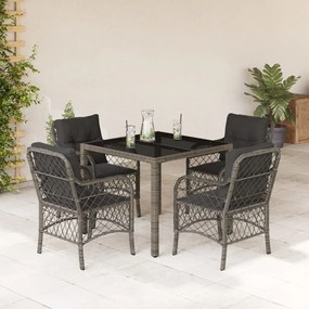 Set da pranzo da giardino 5 pz con cuscini in polyrattan grigio