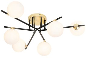Plafoniera Art Déco nera con oro e vetro opalino 6 luci - Lynn
