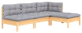 Set divani da giardino 4 pz con cuscini grigi massello di pino