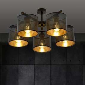 Plafoniera Industrial 5 Luci Cigno In Acciaio Nero E Paralumi A Cilindro Oro