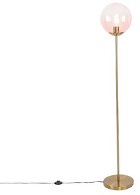 Lampada da terra Art Déco in ottone con vetro rosa - Pallon