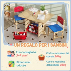 Set Tavolo e Sedie per Bambini con 4 Contenitori per Giochi in Legno e PP...