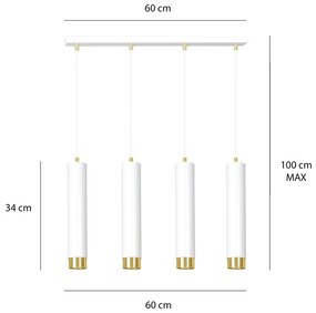 Lampadario 4 Luci Kibo In Acciaio Bianco E Tubolari In Bianco E Oro