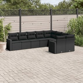 Set divani da giardino 9 pz con cuscini nero in polyrattan