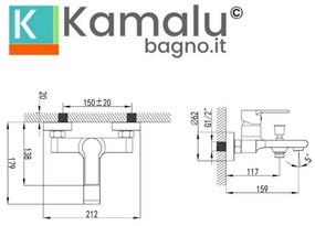 Kamalu - miscelatore vasca in ottone con doccetta e flessibile inox | ele-180v