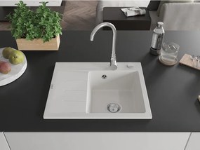 Mexen Ben lavello in granito 1-vasca con sgocciolatoio, destro 600 x 500 mm, bianco, sifone cromato - 6523605000-20