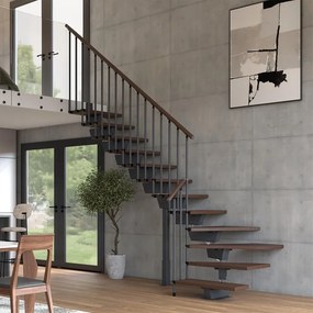 Scala a rampa ¼ di giro Vida IRIS, larghezza 70 cm, struttura in acciaio grigio antracite, gradini in legno faggio, colore noce