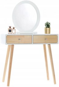 Tavolino da toilette in legno bianco con specchio e sgabello