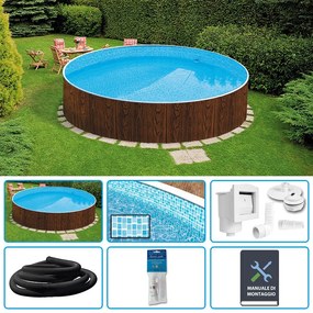 Piscina Fuori Terra Circolare Azuro Wood 3,60 H.1,20 M - Kit Base Con Liner Mosaico