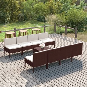 Set divani da giardino 9 pz con cuscini in polyrattan marrone