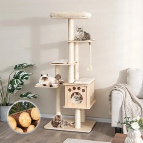 Costway Albero tiragraffi per gatti con trespolo superiore nicchia in legno pali tiragraffi, Torre per gatti 170cm Naturale