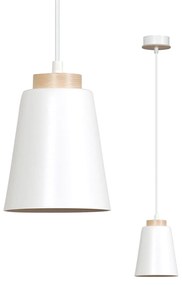 Sospensione 1 Luce Lancillotto A Cono In Acciaio Bianco E Legno Naturale