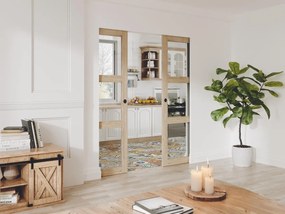 Porta scorrevole doppia con sistema a incasso in legno e vetro temperato 3 finestre 2xH205xL83cm  - ACOSTA II