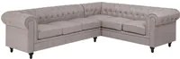 Divano Chesterfield versione sinistra In Tessuto Ad Angolo Rivestimento In Tessuto Beige Gambe In Legno Scuro Chaise 6 Posti Contemporanea