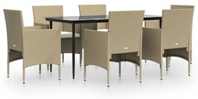 Set da pranzo da giardino 7 pz con cuscini beige e nero